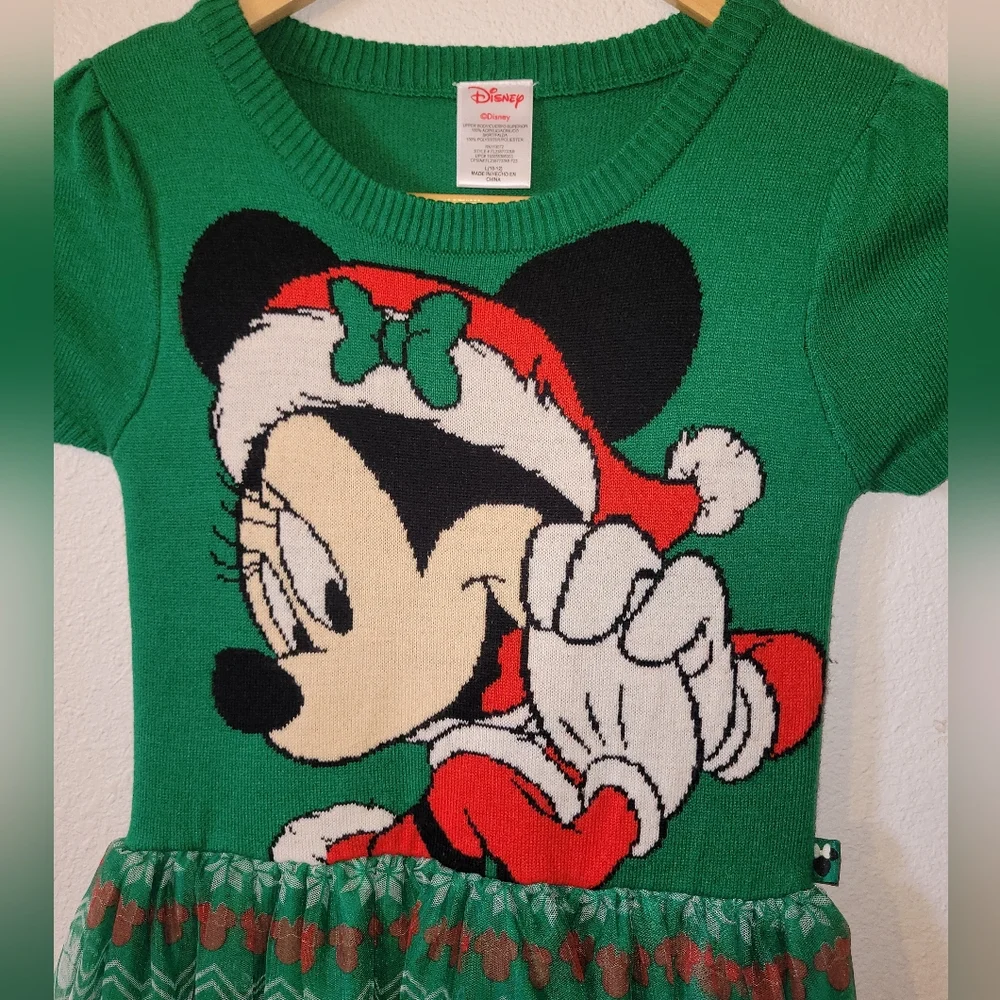 Disney Minnie Mouse Christmas Knit Dress Green Red Girls Large 10-12 Tutu White